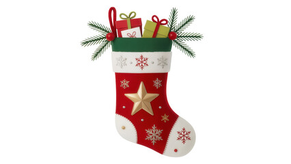 Traditional red and white christmas stocking filled with festive gifts and greenery isolated on transparent background