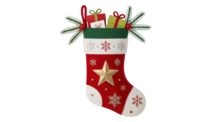 Traditional red and white christmas stocking filled with festive gifts and greenery isolated on transparent background