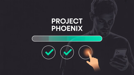 Man Interacting with Digital Interface Showing Project Progress and Task Completion image photo