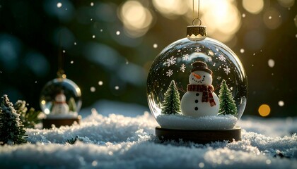 Hanging glass spheres filled with delicate winter scenes, snowmen and snowflakes inside, magical Christmas decoration photo