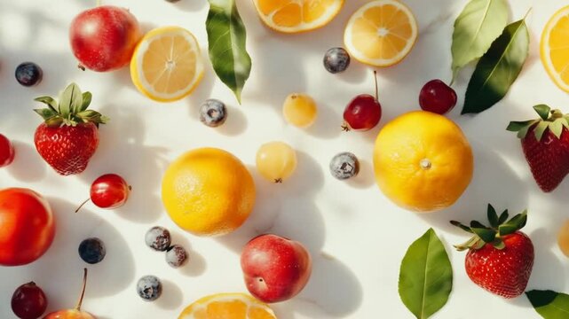 Assortment of fresh fruits and berries on white surface overhead view