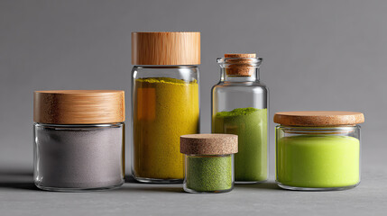 A Collection of Unique Vessels: A collection of glass jars and containers of varying shapes and sizes with natural wooden lids or corks showcase an array of vivid colored substances.