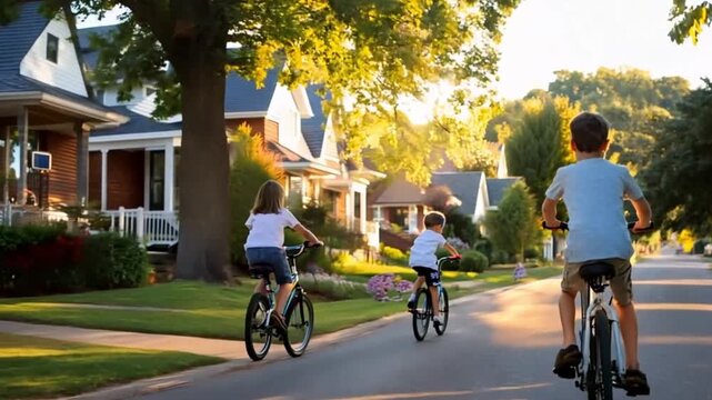 Kids biking down a residential street at sunset.  Possible use stock photo for websites or advertising that showcase family values, community, and outdoor recreation