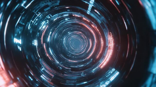 Abstract cyber tunnel with glowing digital data structures