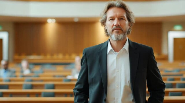 Serious Man in Courtroom, Focused on Issue, Background of Gathering People. Possible use Stock photo for legal issues, business articles, or news reports