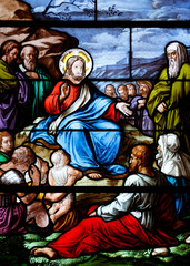 Obraz premium Saint Louis church. Stained glass. Jesus. The Sermon on the Mount. La Roche sur Yon. France.