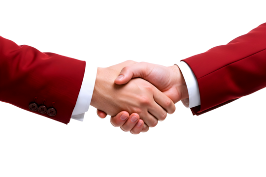 Two business people in red jackets shaking hands in agreement isolated on transparent background
