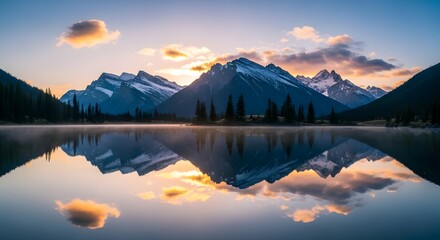 Beautiful mountain lake reflection at sunrise scenic landscape nature photography travel destination scene .