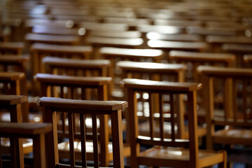 Saint Louis church. Empty wooden chairs. La Roche sur Yon. France.