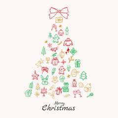 Fototapeta premium creative christmas tree illustration made of doodle holiday icons in red green and gold line art with festive elements and merry christmas text perfect for greeting cards posters and seasonal design