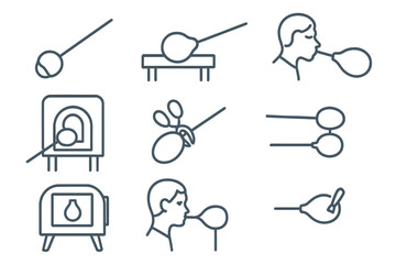 Glassblowing Icon Steps. Line style icons of glassblowing process steps: gathering molten glass, shaping on marver, blowing air,