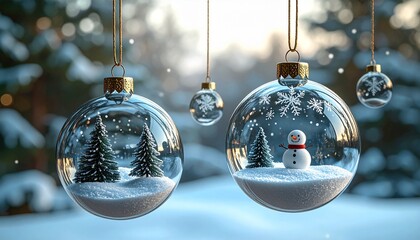 Hanging glass spheres filled with delicate winter scenes, snowmen and snowflakes inside, magical Christmas decoration photo