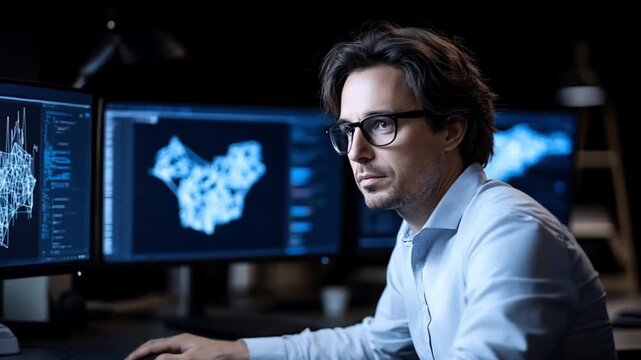 Man working on complex computer designs at night