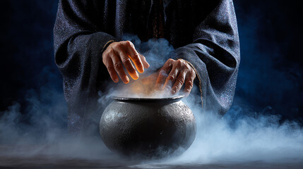 Mysterious Brew: An enchanting cauldron steams, swirling with vapors as skilled hands add potent ingredients. a scene of ancient magic, mystery, and otherworldly allure.