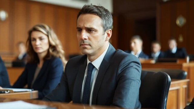 Businessmen and businesswoman listening in courtroom