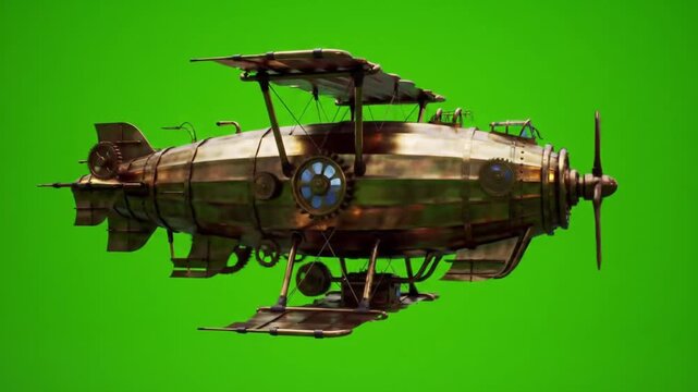 Steampunk Airship with Brass Wings Isolated on Green Screen