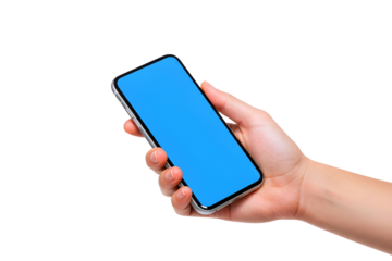 Hand holding a modern smartphone with a blank blue screen isolated on transparent background