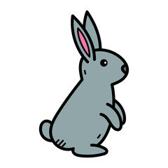Gray bunny rabbit cartoon illustration with pink ears and a white fluffy tail on a transparent background