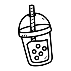 Hand Drawn Outline of a Bubble Tea Drink with Straw and Tapioca Pearls on a Transparent Background