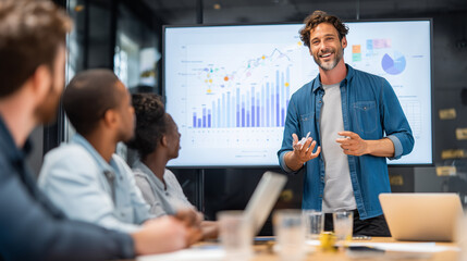 a diverse group of business people having a meeting, standing around a table and talking with a female leader or manager in an office conference room or lounge area.
