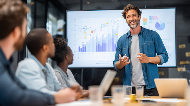 a diverse group of business people having a meeting, standing around a table and talking with a female leader or manager in an office conference room or lounge area. - Powered by Adobe