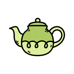 Light Green Doodle Teapot With Black Outline And Swirl Design Isolated On White Background Simple Drawing Of A Tea Pot For Beverages