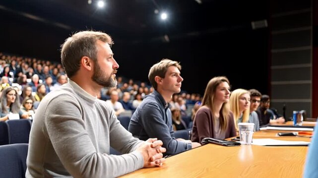 Audience listening to speaker at lecture hall