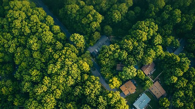 Aerial view of houses among green trees