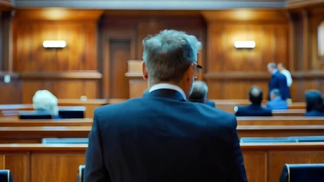 Business meeting in a courtroom, people listening attentively. Possible use Stock photo for legal, business, or meeting concepts