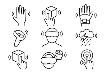 VR_AR Haptic Icons. Line style icons of haptic feedback in VR/AR: hand gesture vibration, virtual object touch, immersive glove,