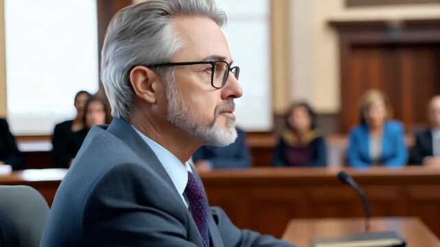 Serious man in a suit, listening in courtroom, focused. Possible use Lawsuit scene