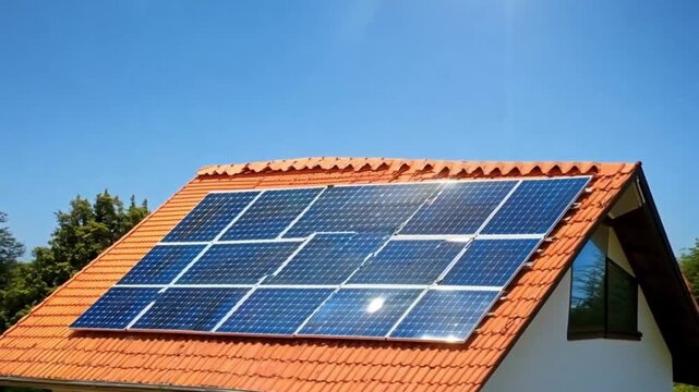 Solar panels on a house roof on a sunny day.  Possible use Stock photo for renewable energy, sustainable living, home improvement
