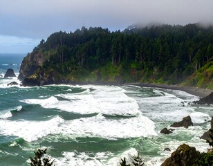 Dramatic coastal scene with rough surf