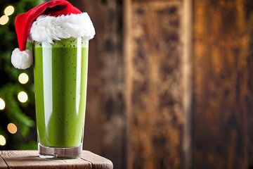 Portrait of a green smoothie with a Santa hat on a podium with copy space