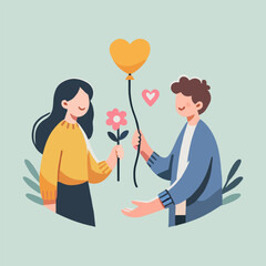Flat Illustration of Couple Exchanging Flower and Heart Balloon