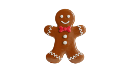 A festive gingerbread man cookie with white icing details and a red bow tie isolated on transparent background