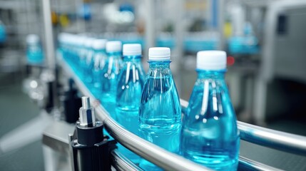 Bottles of Clear Blue Water Moving Along a Production Line in a Modern Factory Environment with Machinery Background