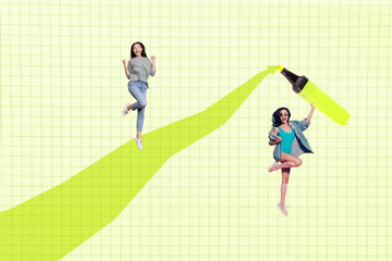 Banner pop 3d zine full collage of happy businessman businesswoman run marker arrow development...