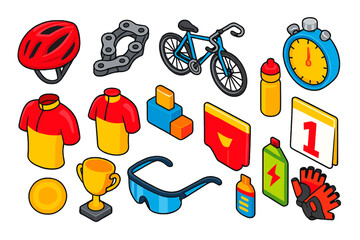 Cycling Competition Icons. Isometric vector illustration set Cycling competition: racing helmet, chain, road bike, stopwatch,