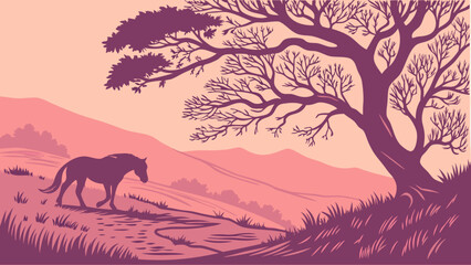A serene landscape with an animal silhouette and a large tree in minimalist style.