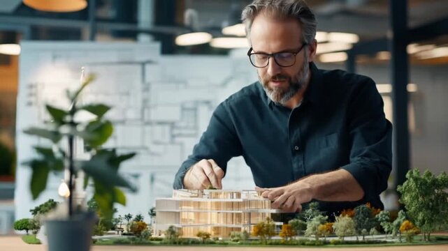 Architect working on model of modern building design
