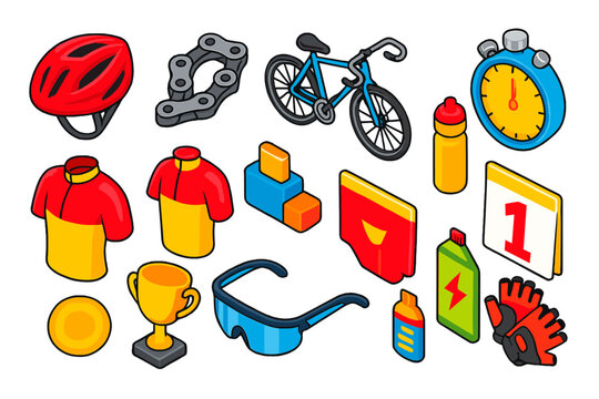 Cycling Competition Icons. Isometric vector illustration set Cycling competition: racing helmet, chain, road bike, stopwatch,