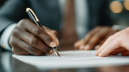 close-up of hands on a table with a young black man and a white businessman working together,