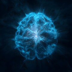 Glowing Blue Human Brain With Energy Bursts neurology