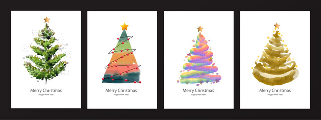 Christmas card set with watercolor Christmas trees and Christmas elements. Vector illustration.