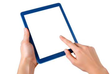 Person holding and touching a blue tablet computer screen isolated on transparent background