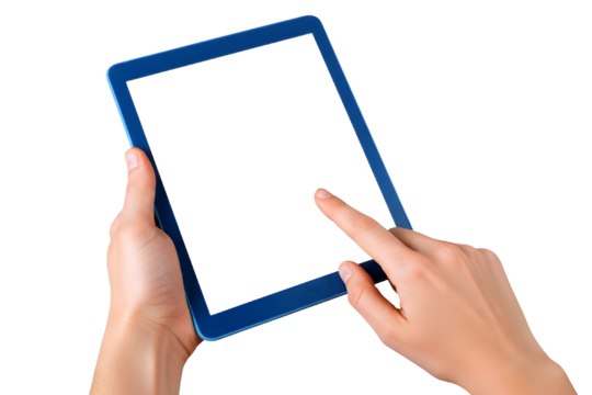Person holding and touching a blue tablet computer screen isolated on transparent background