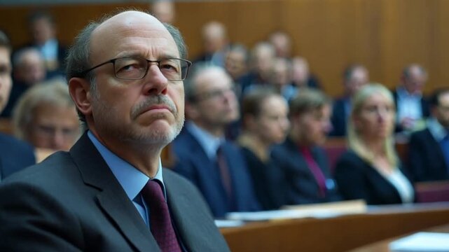 Serious man in courtroom, attentive audience, legal proceeding, public hearing, news