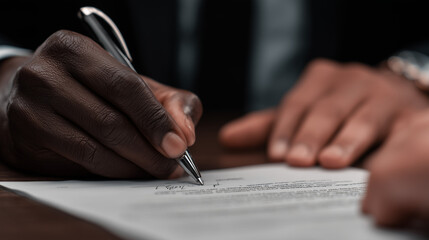 close-up of hands on a table with a young black man and a white businessman working together,