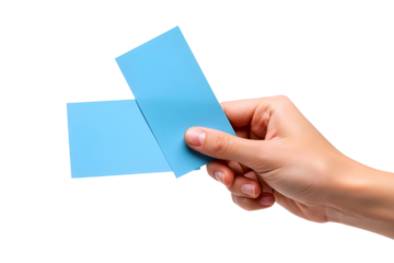 Hand holding two blank blue rectangular cards isolated on transparent background